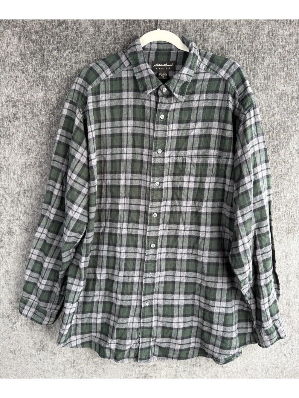 Vintage Eddie Bauer Mens XXLT Green Gray Plaid Cotton Heavy Flannel Shirt 90s